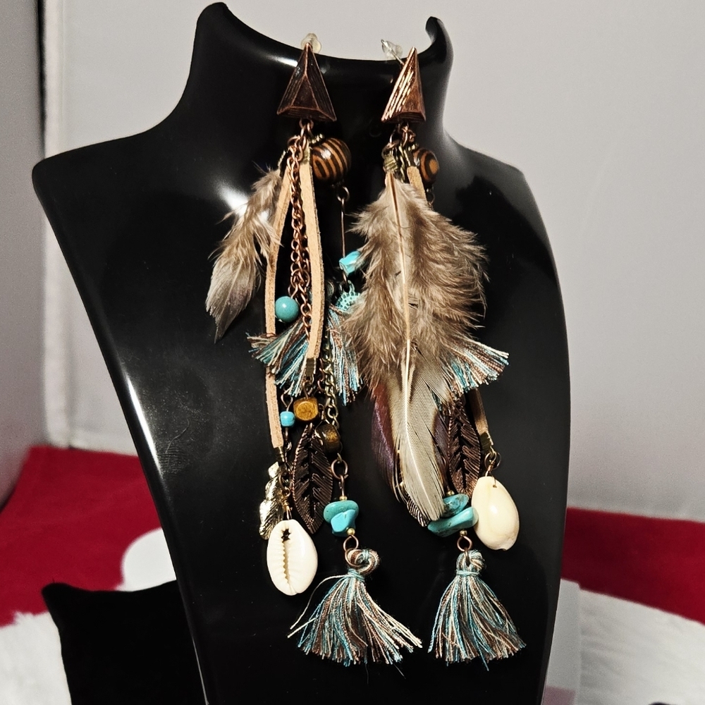 Long Bohemian Feather Tassel Earrings β Copper & Turquoise Festival Statement - Picture 2 of 7